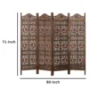 71 Inch 4 Panel Mango Wood Room Divider, Hand Carved, Sun & Moon Design, Brown