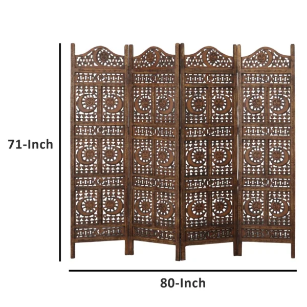 71 Inch 4 Panel Mango Wood Room Divider, Hand Carved, Sun & Moon Design, Brown
