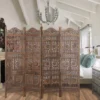 71 Inch 4 Panel Mango Wood Room Divider, Hand Carved, Sun & Moon Design, Brown