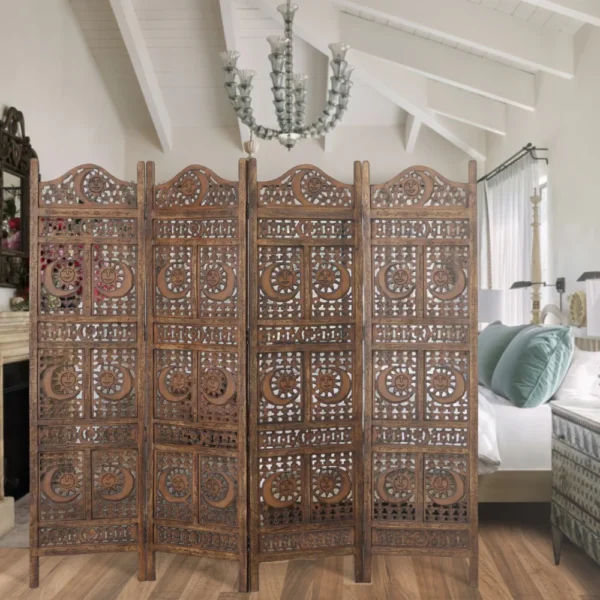 71 Inch 4 Panel Mango Wood Room Divider, Hand Carved, Sun & Moon Design, Brown