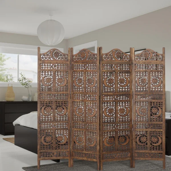 71 Inch 4 Panel Mango Wood Room Divider, Hand Carved, Sun & Moon Design, Brown