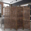 71 Inch 4 Panel Mango Wood Room Divider, Hand Carved, Sun & Moon Design, Brown