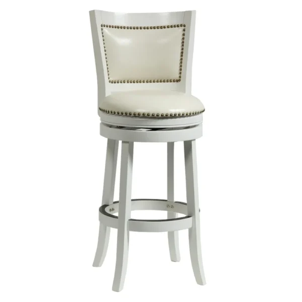 Nailhead Trim Round Leatherette Barstool with Flared Legs, White