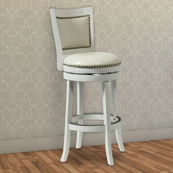 Nailhead Trim Round Leatherette Barstool with Flared Legs, White