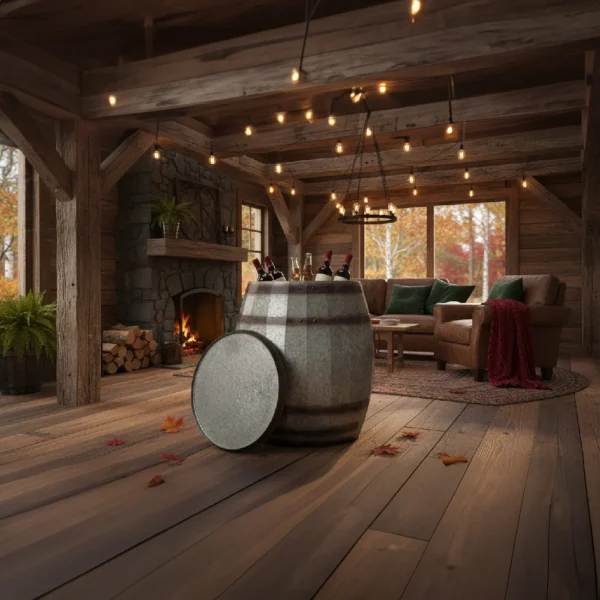 Barrel Drum Shape Storage Table with Removable Lid, Rustic Brown and Gray Metal