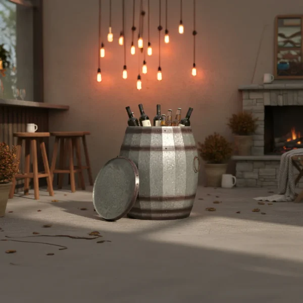 Barrel Drum Shape Storage Table with Removable Lid, Rustic Brown and Gray Metal