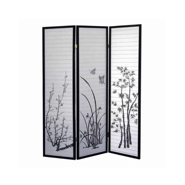 BM96092 Naturistic Print Wood and Paper 4 Panel Room Divider, White and Black