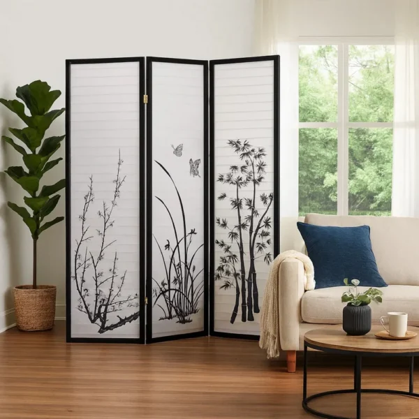 BM96092_5 Naturistic Print Wood and Paper 4 Panel Room Divider, White and Black