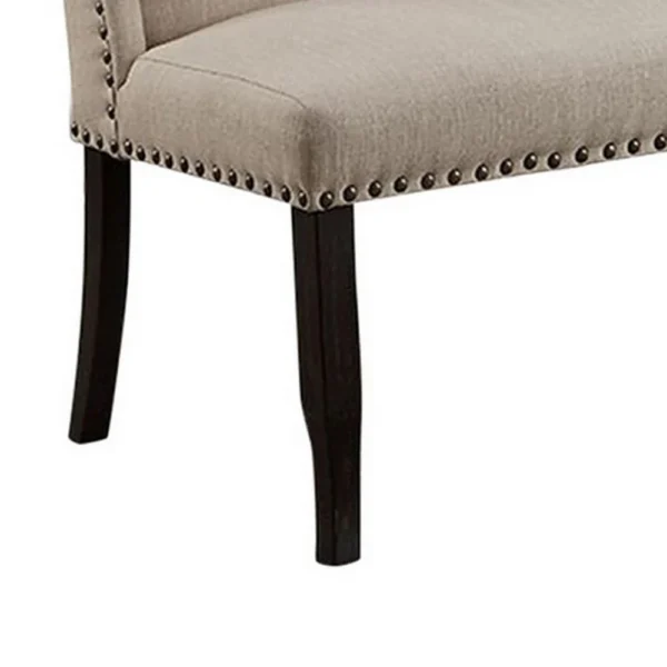 Nailhead Trim Fabric Upholstered Wing Back Wooden Bench, Beige and Black