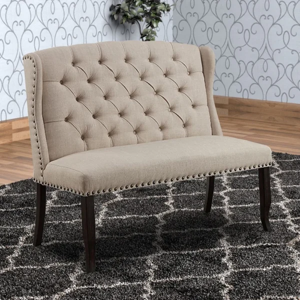 Nailhead Trim Fabric Upholstered Wing Back Wooden Bench, Beige and Black