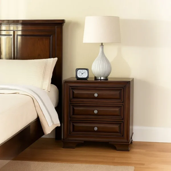 FOA-CM7302CH-N_5 Wooden Night Stand With 3 Drawers In Cherry Brown