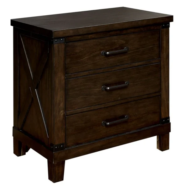 FOA-CM7734N Three Drawer Nightstand with Metal Handle And Crossed Planked Side Panels, Brown