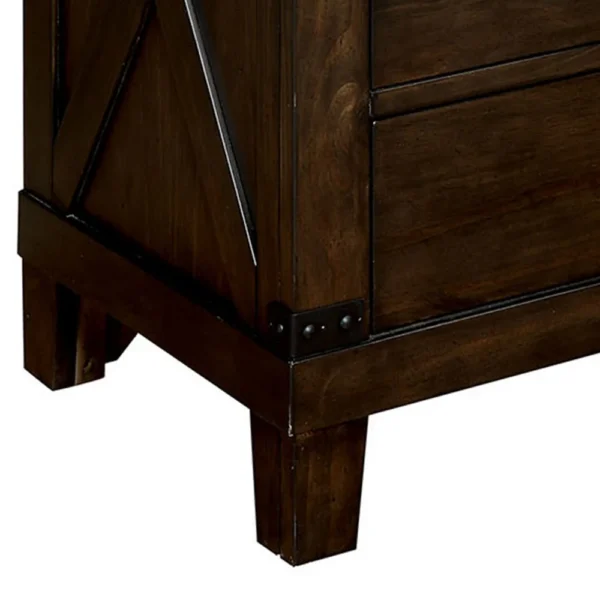 FOA-CM7734N_2 Three Drawer Nightstand with Metal Handle And Crossed Planked Side Panels, Brown