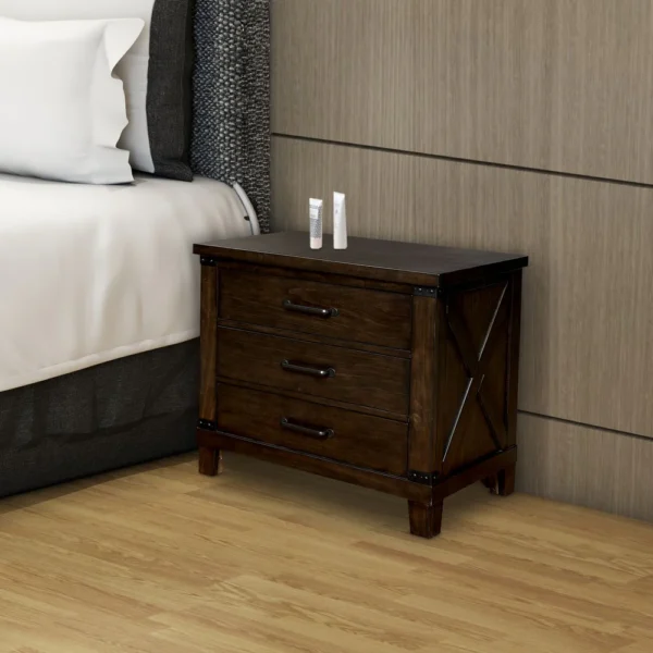 FOA-CM7734N_5 Three Drawer Nightstand with Metal Handle And Crossed Planked Side Panels, Brown