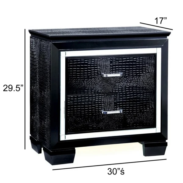 FOA-CM7979BK-N_5 30 Inch Textured Nightstand, 2 Drawers, Mirror Trim, Black