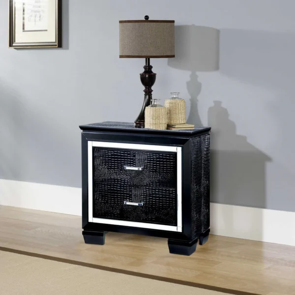 FOA-CM7979BK-N_6 30 Inch Textured Nightstand, 2 Drawers, Mirror Trim, Black