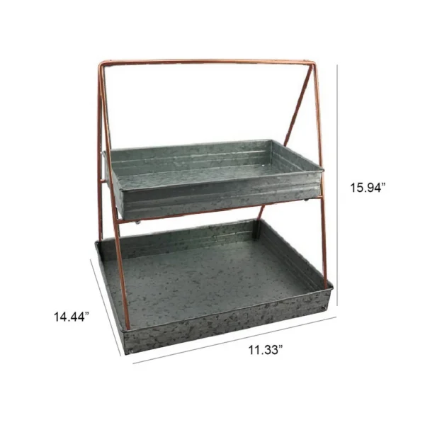 I305-HGM005_4 Galvanized Metal 2 Tiered Rectangular Serving Tray, Gray
