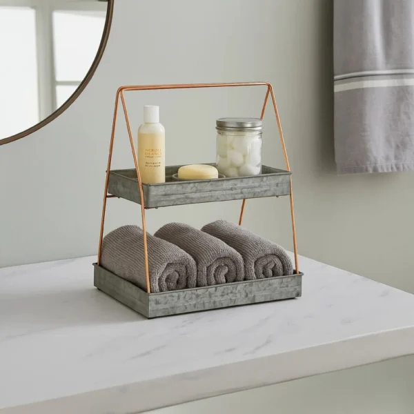 I305-HGM005_6 Galvanized Metal 2 Tiered Rectangular Serving Tray, Gray