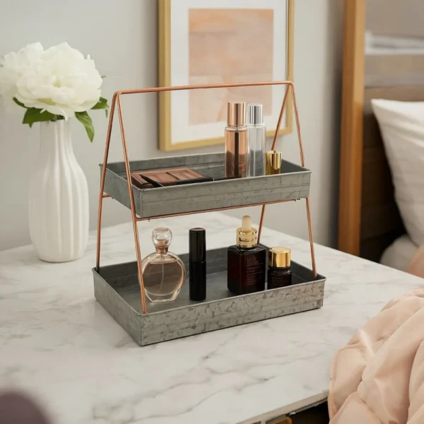 I305-HGM005_7 Galvanized Metal 2 Tiered Rectangular Serving Tray, Gray