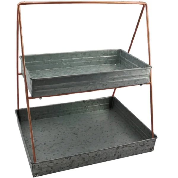 I305-HGM005_74a49dc6-7053-4513-90f7-2f7def640586 Galvanized Metal 2 Tiered Rectangular Serving Tray, Gray