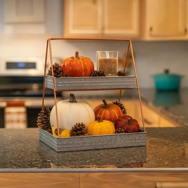 I305-HGM005_9 Galvanized Metal 2 Tiered Rectangular Serving Tray, Gray