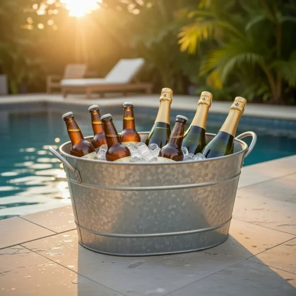 I457-AMC0001_6 Lola 23 Inch Beverage Tub, Galvanized Antique Silver Steel, 2 Handles