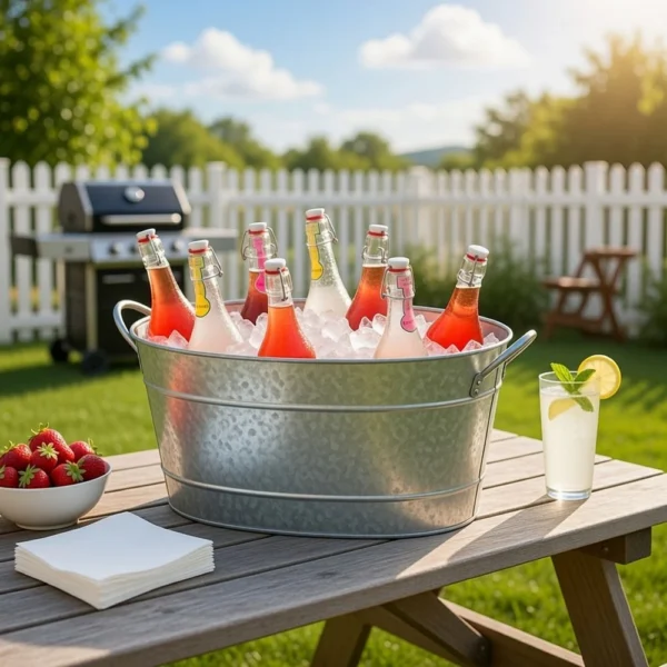 I457-AMC0001_7 Lola 23 Inch Beverage Tub, Galvanized Antique Silver Steel, 2 Handles
