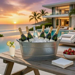 Lola 23 Inch Beverage Tub, Galvanized Antique Silver Steel, 2 Handles