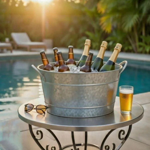 I457-AMC0001_9 Lola 23 Inch Beverage Tub, Galvanized Antique Silver Steel, 2 Handles