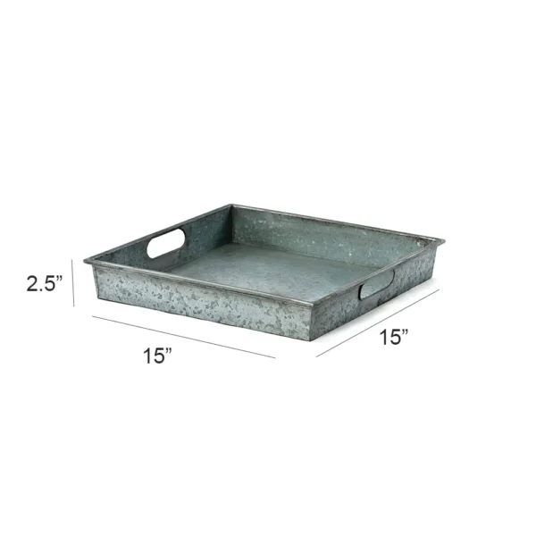 Benzara Square Galvanized Metal Tray With Handle, Gray