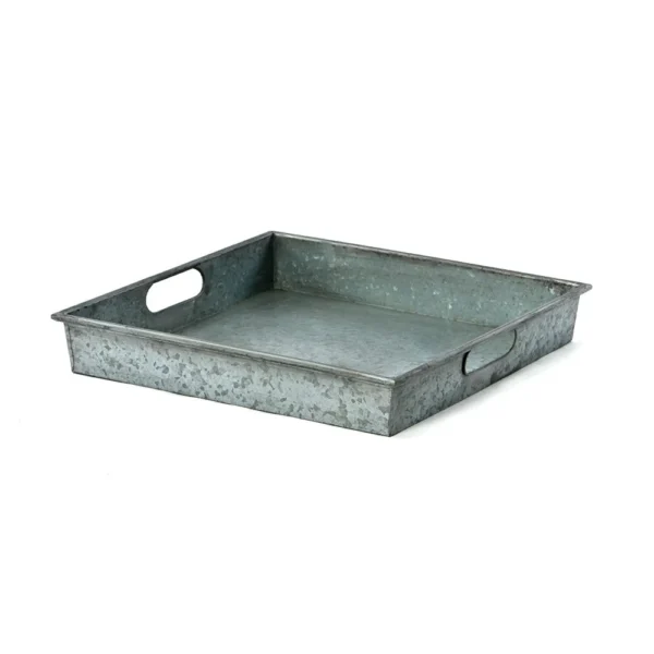 Benzara Square Galvanized Metal Tray With Handle, Gray