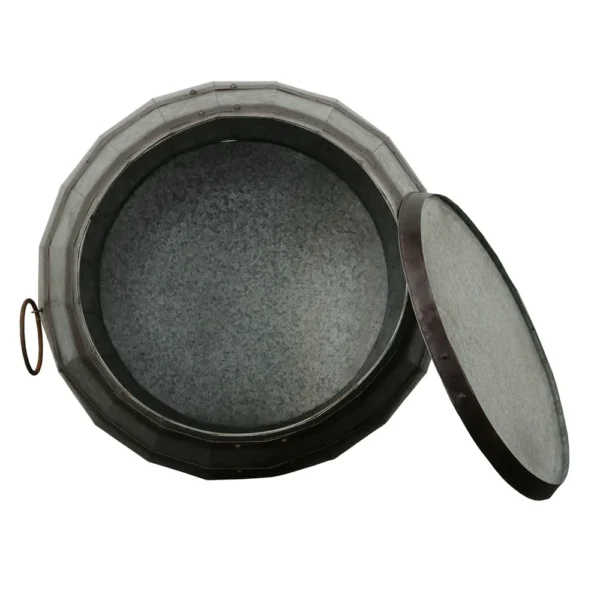 Barrel Drum Shape Storage Table with Removable Lid, Rustic Brown and Gray Metal