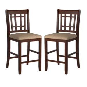 Wooden Counter Height Chair, Dark Brown & Cream, Set of 2