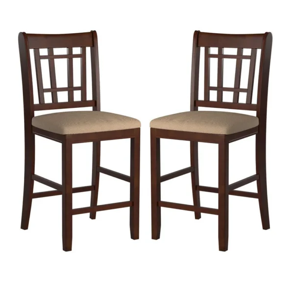 Wooden Counter Height Chair, Dark Brown & Cream, Set of 2