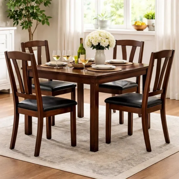 Solid Wood Leather Seat Side Chair Brown Set of 2