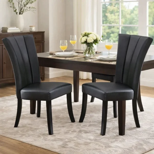 Leather Upholstered Dining Chair In Poplar Wood, Set Of 2,Black