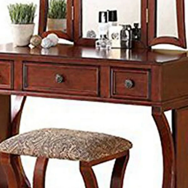 Modish Vanity Set Featuring Stool And Mirror Cherry Brown