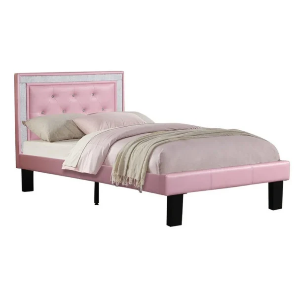 PDX-F9375F_6e59f7c5-919d-47a7-a9e4-33b6ae59a205 Silky And Sheeny Wooden Full Bed With Pink PU Tufted Head Board, Pink Finish