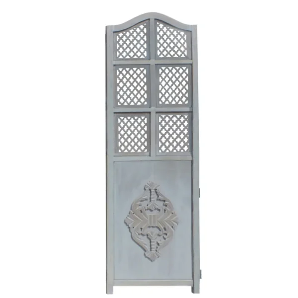 Three Panel Wooden Room Divider with Traditional Carvings and Cutouts, Blue