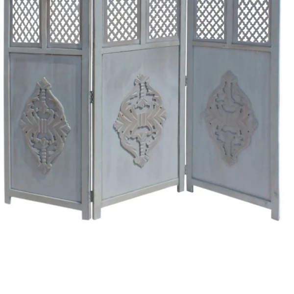 Three Panel Wooden Room Divider with Traditional Carvings and Cutouts, Blue