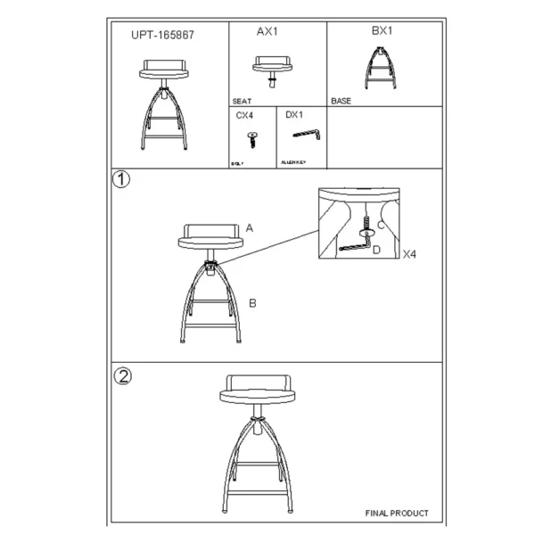 Pia 25-31 Inch Industrial Style Counter Height Stool with Adjustable Swivel Seat, Brown, Black