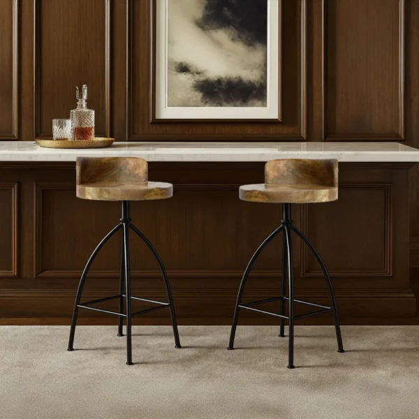 Pia 25-31 Inch Industrial Style Counter Height Stool with Adjustable Swivel Seat, Brown, Black