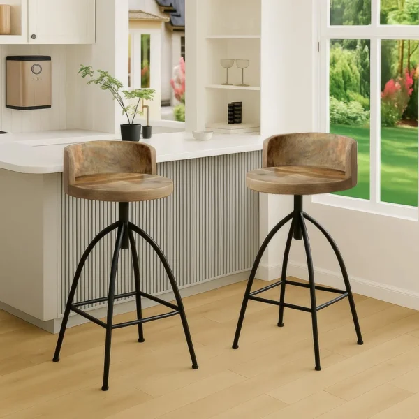 Pia 25-31 Inch Set of 2 Industrial Style Counter Height Stools with Adjustable Swivel Seat, Brown, Black