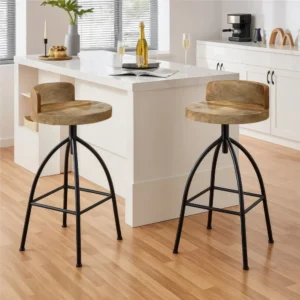 Pia 25-31 Inch Set of 2 Industrial Style Counter Height Stools with Adjustable Swivel Seat, Brown, Black