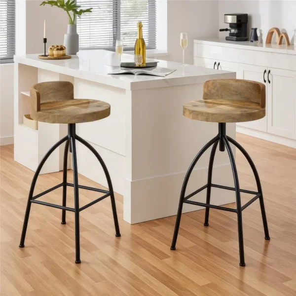 Pia 32-35 Extra Tall Adjustable Barstool, Natural Brown Mango Wood Seat, Black Iron Frame