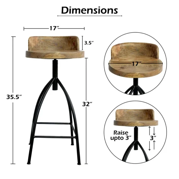 Pia 32-35 Extra Tall Adjustable Barstool, Natural Brown Mango Wood Seat, Black Iron Frame