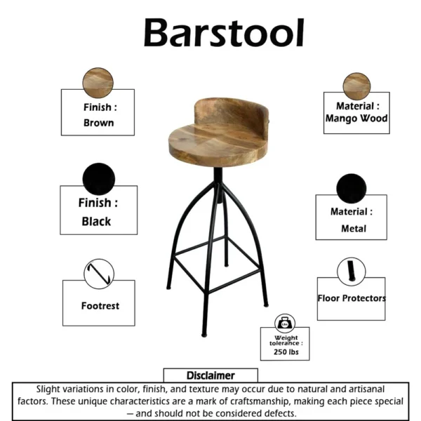 Pia 32-35 Extra Tall Adjustable Barstool, Natural Brown Mango Wood Seat, Black Iron Frame