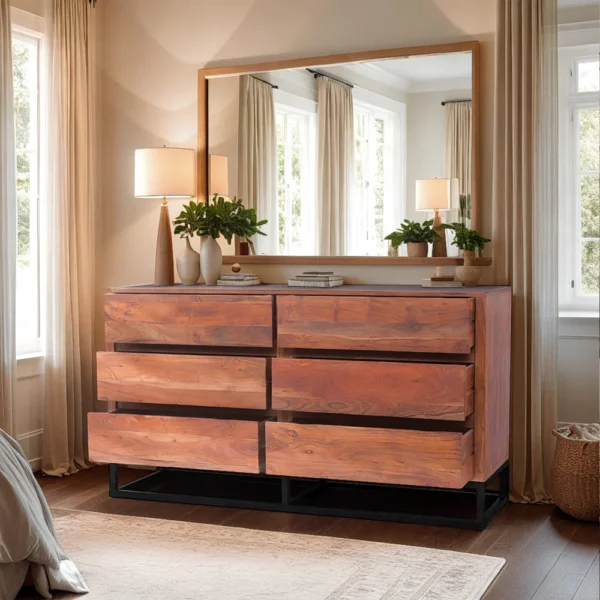 UPT-182996_13 Modern Acacia Wood Dresser or Display Unit With Metal Base, Walnut Brown and Black