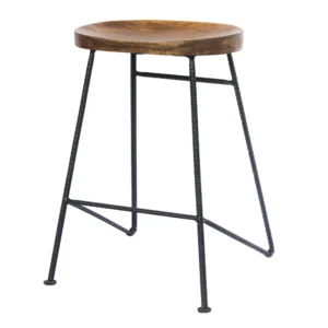 Jael 28 Inch Bar Stool with Mango Wood Saddle Seat, Iron Rod Legs, Brown and Black