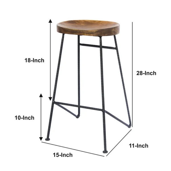 Jael 28 Inch Bar Stool with Mango Wood Saddle Seat, Iron Rod Legs, Brown and Black